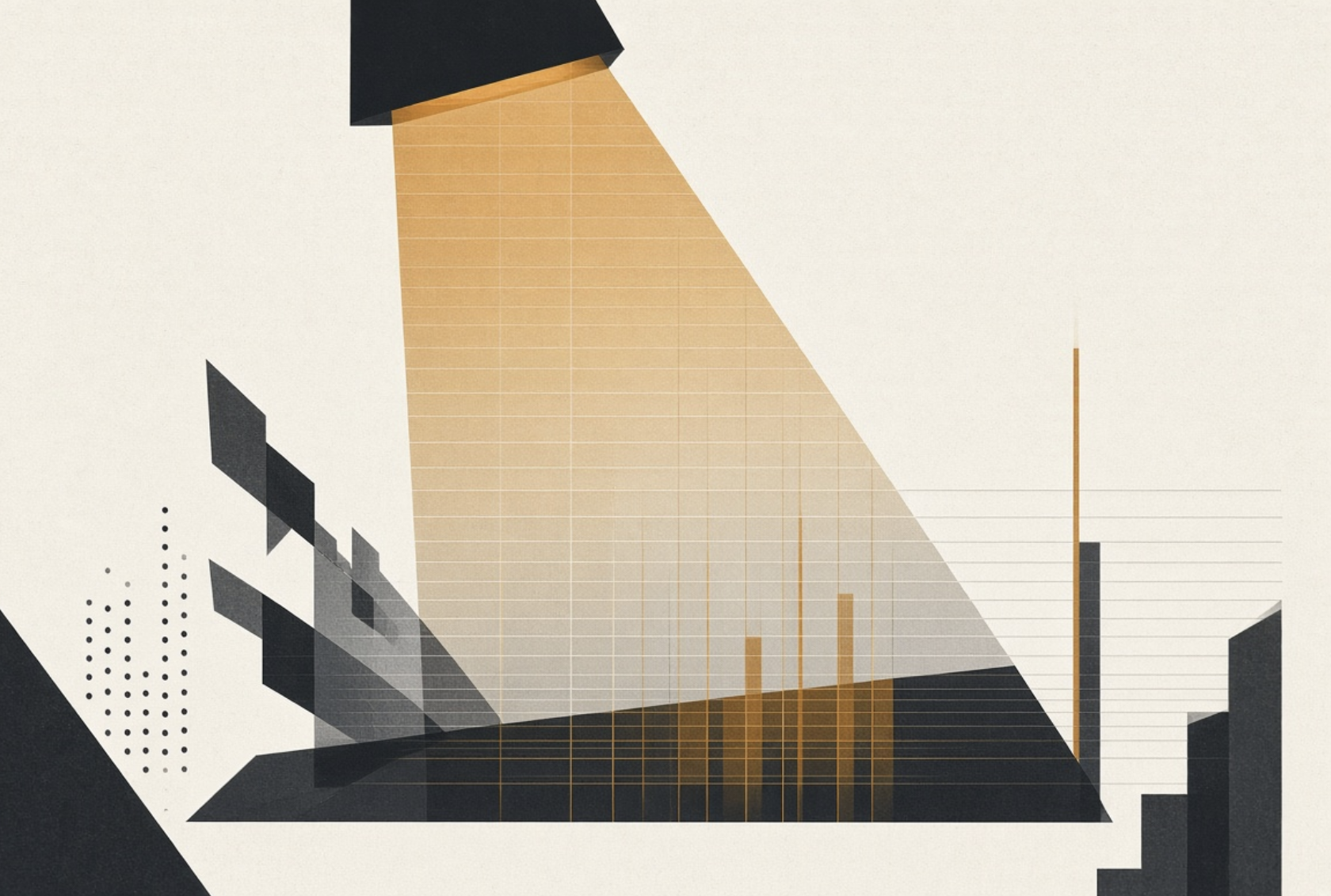 Abstract illustration of a stage spotlight fractured into a grid of fine ledger lines, suggesting audit and measurement