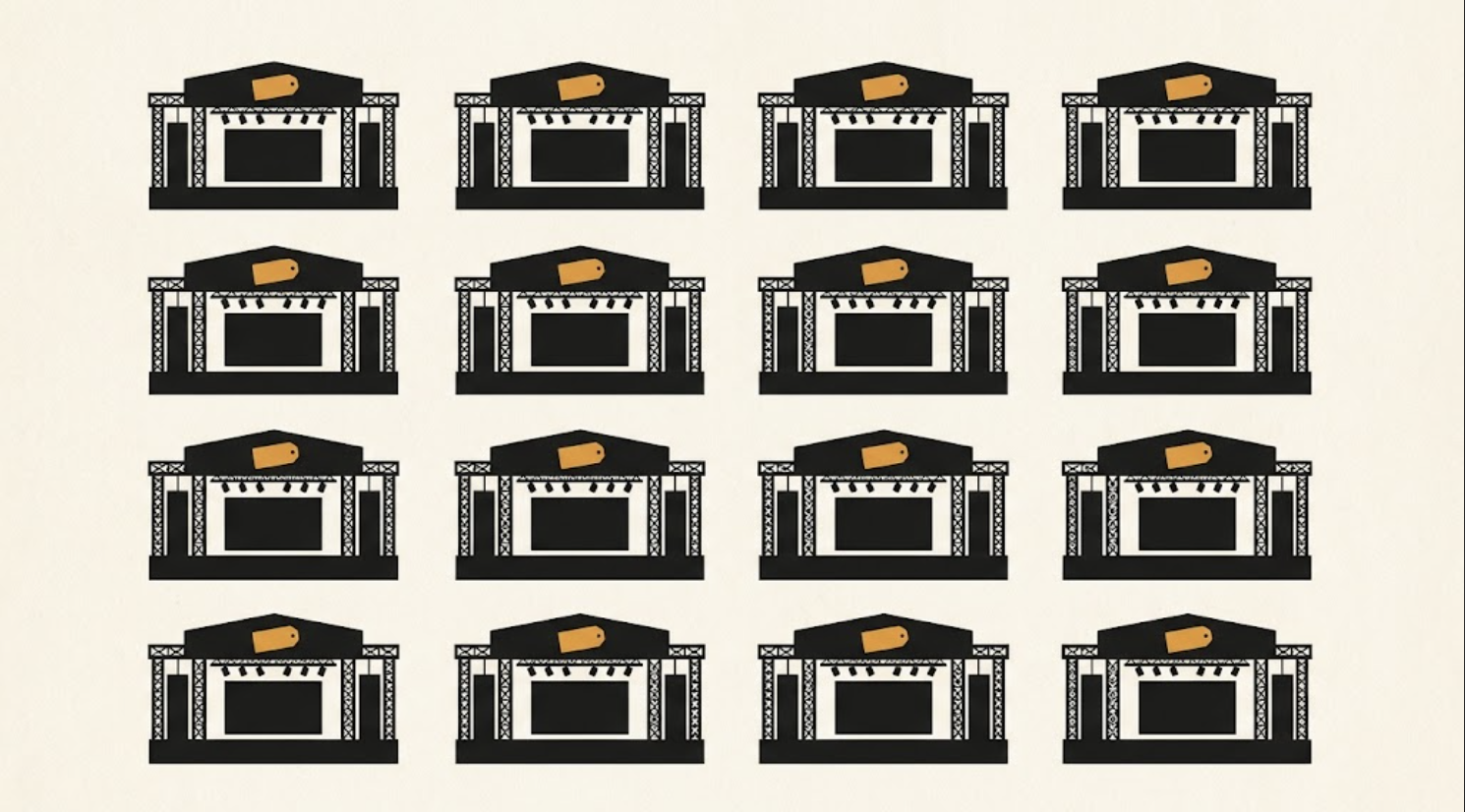 Abstract illustration of sixteen stage silhouettes in a grid, each marked with a blank price tag, suggesting undisclosed naming rights value