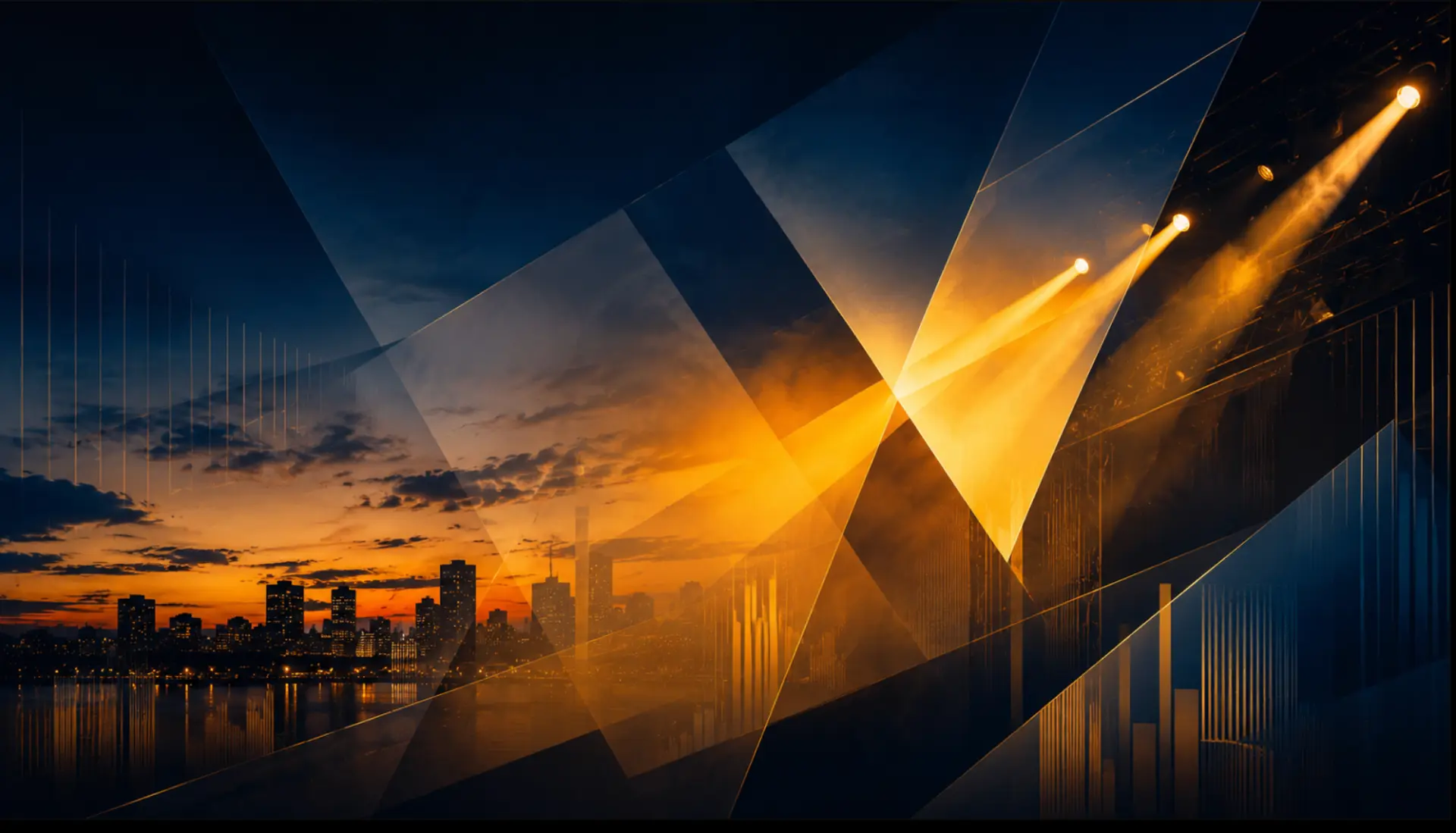Abstract composition of a city skyline at dusk crossed by amber stage light beams
